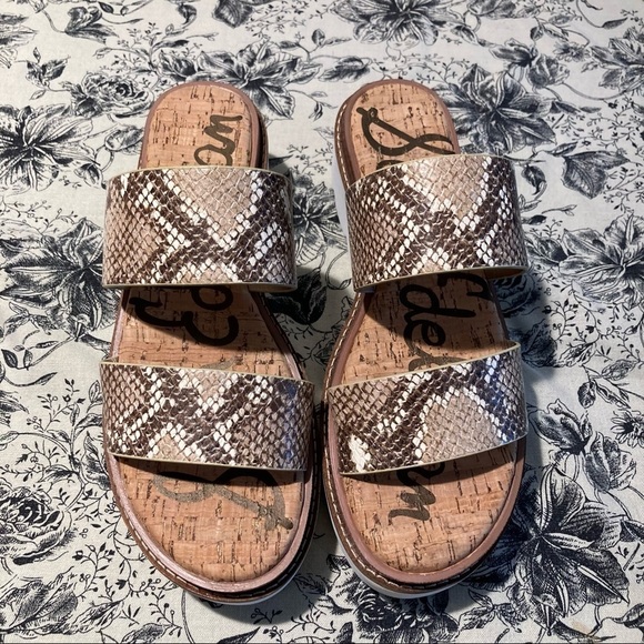 SAM EDELMAN Sz 9 Raul Cork Insole Chunky Sole Slip On Sandals  Snakeskin - Picture 2 of 9